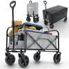 A collage of different views of a foldable wagon, including one filled with items and another covered with a protective tarp. Produktbild-Vorschau
