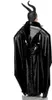 A person wearing a black costume with horns and a cape, viewed from the back. Produktbild-Vorschau