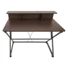 A dark brown wooden desk with a metal frame, shown from the front against a white background. Produktbild-Vorschau