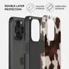 A close-up, layered view of a phone case, highlighting its double-layer protection with silicone interior and hard shell exterior. The exterior features a cowhide print. Náhled obrázku produktu
