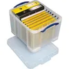 A transparent storage box filled with files and binders, with its lid placed next to it. Produktbild-Vorschau