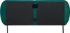 The back of a dark green upholstered bed frame with black legs. Produktbild-Vorschau