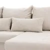 A close-up view of a beige corduroy sofa with multiple pillows. Produktbild-Vorschau