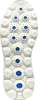 The sole of a white sneaker with a distinctive pattern of circular indentations and blue inserts. Produktbild-Vorschau