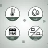 Four circular icons with icons and text describing features of a product. Produktbild-Vorschau