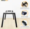 A black metal table leg frame is shown with close-up insets highlighting mounting holes, profile dimensions, and height adjustment. Voir les images du produit
