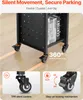 A black rolling cart with books on a shelf, shown from a low angle with close-ups of the wheels and locking mechanism. Produktbild-Vorschau