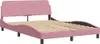 A pink upholstered bed frame with a headboard and wooden slats is shown against a white background. Produktbild-Vorschau