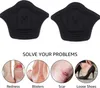 The image shows two black heel grips and four circular images illustrating foot problems like redness, blisters, scars, and loose shoes. Náhľad obrázku produktu