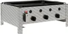A stainless steel gas grill with three burners and a flat cooking surface, shown from a slightly elevated front-left angle on a white background.