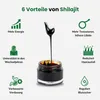 A jar of Shilajit with text highlighting its benefits. Podgląd zdjęcia produktu