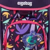 Close-up of a school backpack with a colorful pattern and a decorative chameleon patch. Produktbild-Vorschau