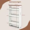 A diagram showing the dimensions of a white rolling storage cart with a wooden top. Podgląd zdjęcia produktu