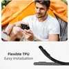 A man is sitting in a tent and looking at his phone. Below is a close-up of a black phone case. Produktbild-Vorschau