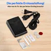 A sewing machine foot pedal, power cord, and various accessories are laid out on a wooden surface, with marketing text at the top. Produktbild-Vorschau