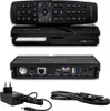 A product shot of a satellite receiver and its accessories, including a remote control, power adapter, and cables, arranged on a white background. Produktbild-Vorschau