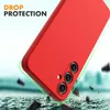 A red phone case is shown in a dynamic pose, suggesting it is falling and protected from impact. The background is blurred and abstract, with elements that resemble debris or a rough surface. Náhled obrázku produktu