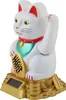 A white Maneki-neko cat figurine with a waving paw, sitting on a gold base decorated with coins. The figurine has a red collar and a green bib. There is a solar panel on the base. Produktbild-Vorschau