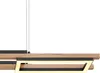 A close-up shot of a modern pendant light fixture with wooden and black metal elements, illuminated by integrated LED lights. Produktbild-Vorschau
