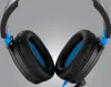 A close-up, studio shot of a pair of black and blue gaming headphones against a plain gray background. Produktbild-Vorschau