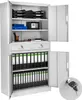 A gray metal filing cabinet with its doors open, showing organized folders, a small safe, and office supplies. Produktbild-Vorschau