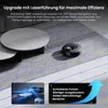 A robot vacuum cleaner is shown navigating a rug in a living room, with overlay text and graphics highlighting its features. Produktbild-Vorschau