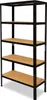 A black metal shelving unit with five wooden shelves, shown against a white background. Produktbild-Vorschau