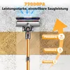 A cordless vacuum cleaner head is shown cleaning different floor surfaces, with text indicating suction power levels. Produktbild-Vorschau