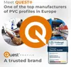 Marketing image for QUEST PVC profiles, featuring a large Q logo, a person interacting with a laptop and phone, and a certification badge. Produktbild-Vorschau