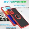 A red and black phone case with a ring holder is shown with text highlighting its protective features. Produktbild-Vorschau