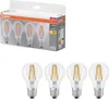 A product shot of a four-pack of Osram LED filament light bulbs, with the product packaging visible in the background. Náhľad obrázku produktu