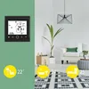 A smart thermostat is shown on the left, with a living room scene on the right, featuring a sofa, plant, and rug. Yellow circles with icons and temperatures are overlaid on the bottom part of the image. Produktbild-Vorschau