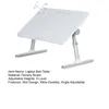 A white laptop bed table with adjustable legs and two small LED lights on the top. Produktbild-Vorschau
