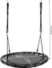 A black oval-shaped swing seat with ropes attached to metal rings, suspended against a white background. Dimensions are indicated on the seat. Náhľad obrázku produktu
