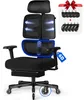 A black ergonomic office chair with various features highlighted by blue overlays and arrows. Produktbild-Vorschau