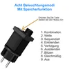 A close-up of a black power adapter with an arrow pointing to a button, and a list of lighting modes in German. Produktbild-Vorschau