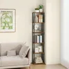 A corner shelf unit filled with books and decorative items, next to a sofa and a framed picture. Produktbild-Vorschau