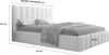 A white upholstered bed with a headboard and mattress, shown with dimensions indicated by lines and text. Produktbild-Vorschau