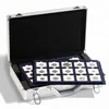 An open silver briefcase containing trays of coins. Produktbild-Vorschau