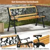 A garden bench is shown outdoors on a patio with plants in the background. The image is a collage with close-up views of the bench's features. Produktbild-Vorschau
