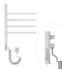 A white electric towel warmer with four folding arms is shown against a white background. A coiled power cord connects the warmer to a wall outlet. Podgląd zdjęcia produktu