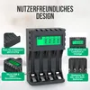 A product image showcasing a battery charger with various features highlighted by text overlays. Produktbild-Vorschau