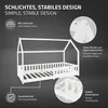 A white wooden house-shaped children's bed with various features highlighted by text and close-up images. Produktbild-Vorschau