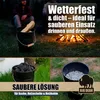 A collage of images showing a black bucket with wood, charcoal, and ash, with people and a campfire in the background. Produktbild-Vorschau