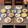 A table setting with multiple plates of food, cutlery, and drinks, suggesting a meal. Produktbild-Vorschau