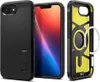 A black iPhone case is shown from multiple angles, including its interior and a close-up of its stand feature. A smartphone is also displayed within the case. Náhled obrázku produktu