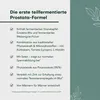A marketing image with text describing the features of a prostate formula product, set against a white and green background with a decorative leaf illustration. Náhled obrázku produktu