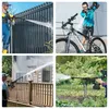 Collage of four images showing a portable pressure washer being used in different scenarios: cleaning a fence, a bicycle, a house deck, and a garden. Produktbild-Vorschau