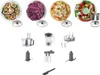 A collage of food prepared with a food processor and its various attachments. Produktbild-Vorschau