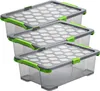 Three clear plastic storage boxes with gray lids and green latches are stacked on a white background. Produktbild-Vorschau